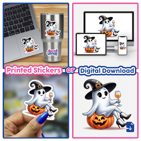 Sassy Halloween Ghost Witch w/ Wine Glass II collage featuring cartoon ghosts sitting on pumpkins, visible on a laptop and cup stickers, emphasizing unique sticker and digital art options from Decal Venue.