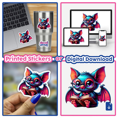 Collage featuring Bat With Reading Glasses Open Book as vinyl stickers and digital art, showcasing cute cartoon bats in various settings, perfect for laptops or personalizing items.