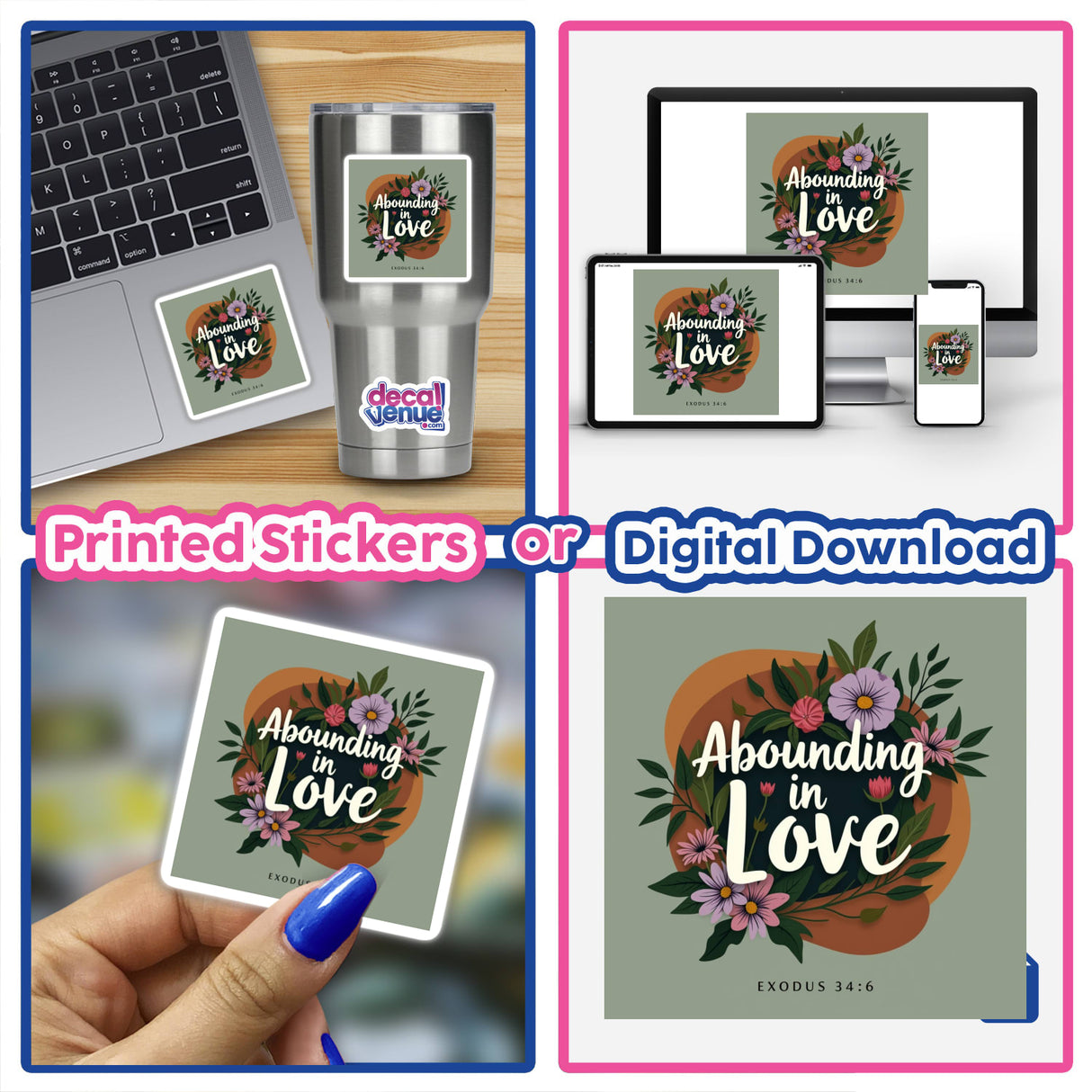 Abounding in Love – Exodus 34:6 Christian Sticker or Clipart featuring a laptop adorned with a floral sticker design, available as stickers or digital artwork with commercial rights.