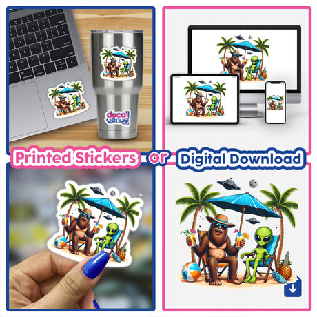 Sasquatch and Alien Chillin on Beach II depicted in a collage featuring a laptop adorned with stickers, highlighting a cartoon yeti and alien relaxing on a beach chair. Available as stickers or digital artwork.