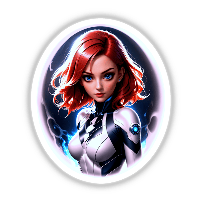 Cute Anime Superhero Girl illustration featuring a cartoon woman with red hair, available as stickers or digital artwork, showcasing a close-up on facial features, ideal for anime and manga enthusiasts.