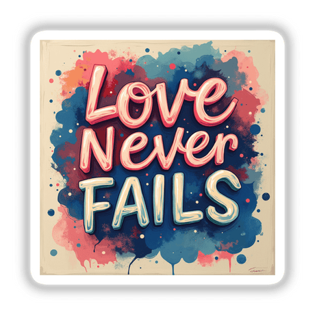 Love Never Fails Christian Sticker or Clipart featuring vibrant typography art, offering a unique design available as stickers or digital artwork with commercial rights from Decal Venue.