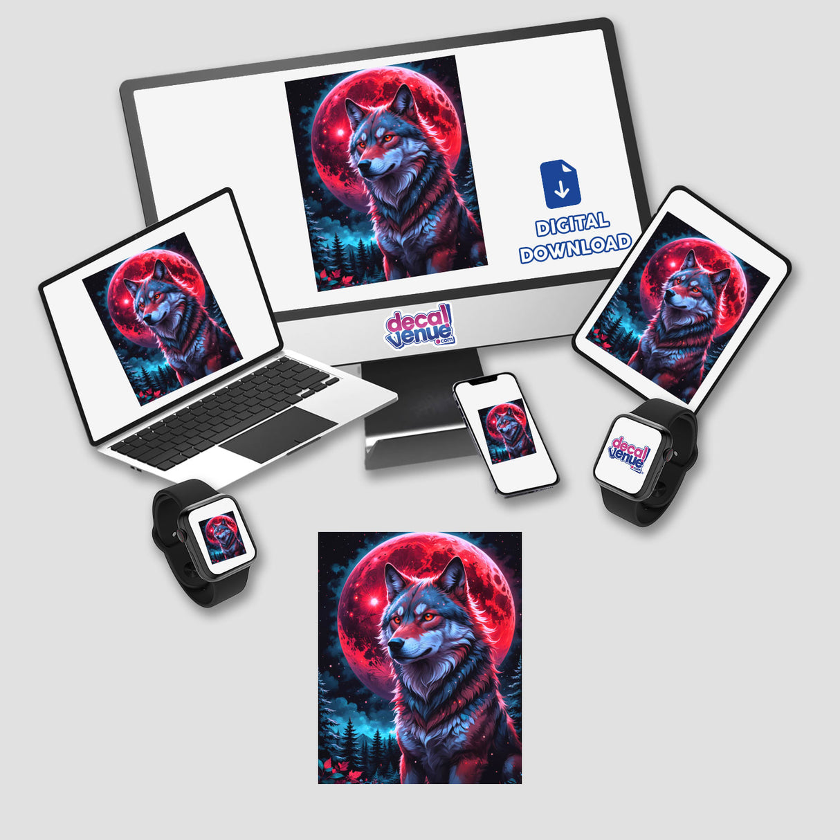 Wolf In The Night With A Blood Moon digital artwork displayed on various devices, including a monitor, laptop, and tablet. Available as unique stickers or digital art from Decal Venue.