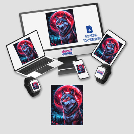 Wolf In The Night With A Blood Moon digital artwork displayed on various devices, including a monitor, laptop, and tablet. Available as unique stickers or digital art from Decal Venue.