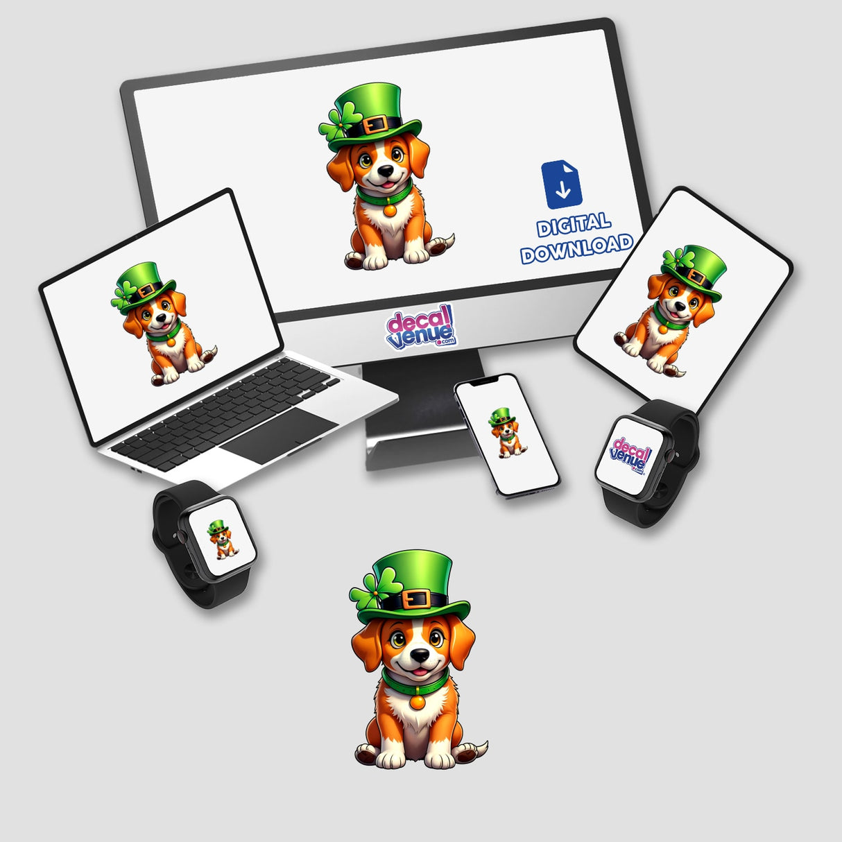 St. Patrick's Day Puppy stickers or digital artwork featuring a cartoon dog wearing a green hat displayed on a computer monitor and laptop screen.