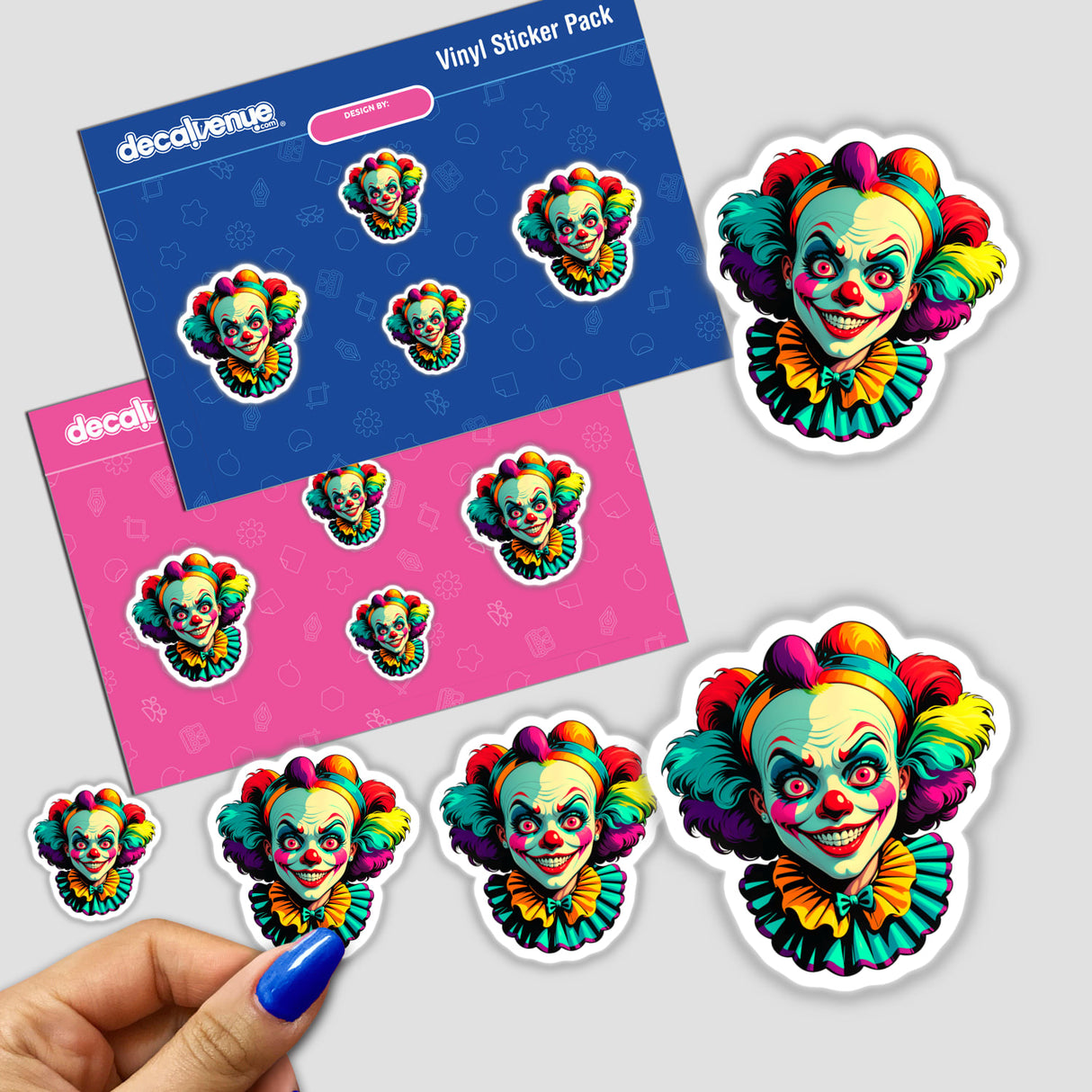 A collection of A Crazy Clown Girl stickers featuring cartoon clown faces, showcasing unique designs from Decal Venue.