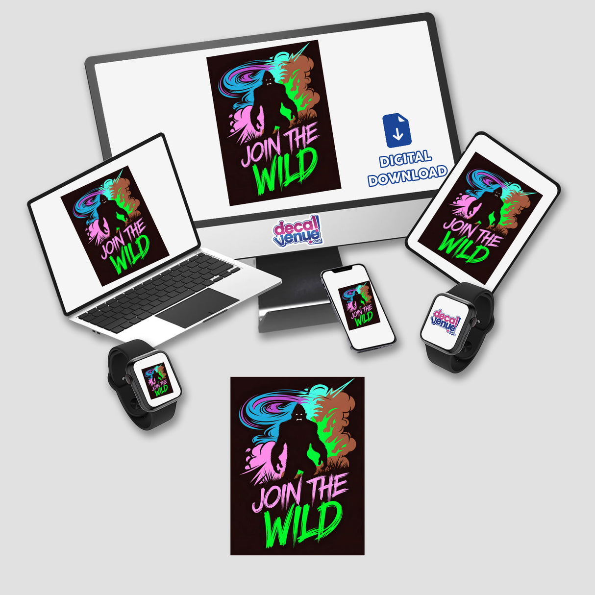 Join The Wild With Bigfoot: A digital artwork featuring a cartoon Bigfoot on a computer screen, available as stickers or digital art, showcased alongside various electronic devices.