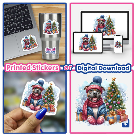 Collage featuring the Bundled Up Christmas Pitbull Dog Portrait on stickers and digital artwork, depicting a dog in a hat and scarf, with elements like a laptop and Christmas tree visible.