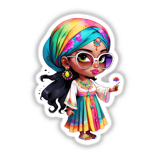 Colorful Ethnic Illustration of a Fashionable Arabic Girl with Flowers, wearing glasses and a turban, available as stickers or digital artwork.