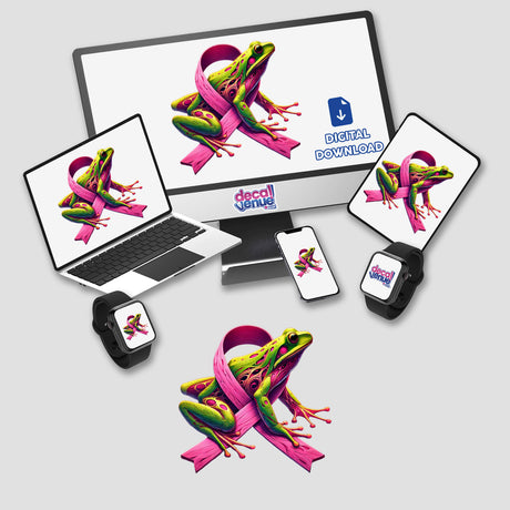 Frog Pink Ribbon Breast Cancer digital artwork displayed on a computer monitor and laptop, featuring a cartoon frog with a pink ribbon. Available as stickers or digital art from Decal Venue.