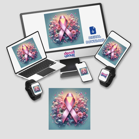 Breast Cancer Silver Series 4: a computer monitor and laptop displaying a pink ribbon, available as stickers or digital artwork.