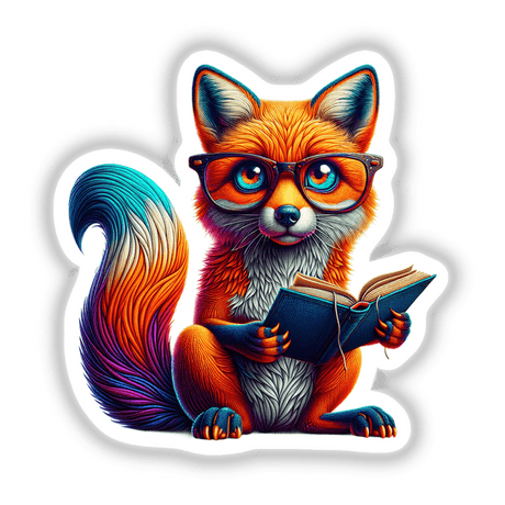 Cartoon fox with reading glasses engrossed in an open book, available as stickers or digital artwork, embodying the playful essence of Decal Venue's unique vinyl stickers and digital art offerings.