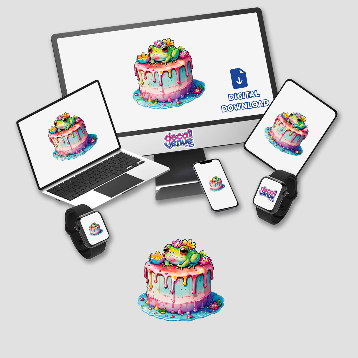 Computer monitor and laptop displaying Frog Cake: Adorable Dessert with Frog Decorations, alongside cell phones showcasing the same design, available as stickers or digital artwork.