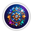 Shield of Manifestation features a vibrant circular design with colorful leaves and crystals, available as stickers or digital artwork, showcasing unique artistic elements from Decal Venue.