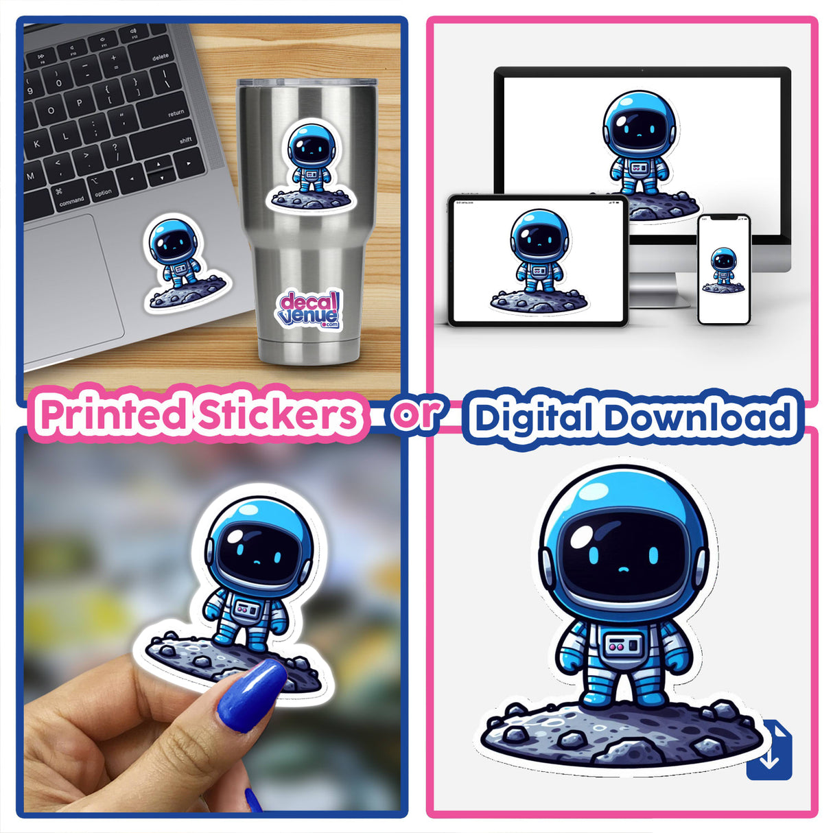 Collage featuring a laptop adorned with a Spaceman sticker, close-up of finger holding a cartoon astronaut sticker, and various Spaceman-themed stickers available as decals or digital artwork.