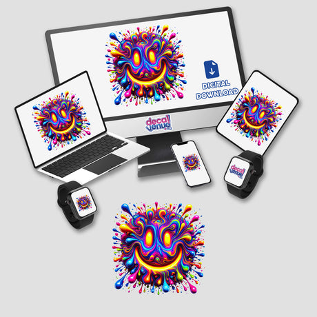 Psychedelic Melting Smile - Vibrant Colorful Drip Paint displayed on a computer monitor and laptop, showcasing its intricate design. Available as stickers or digital artwork from Decal Venue.