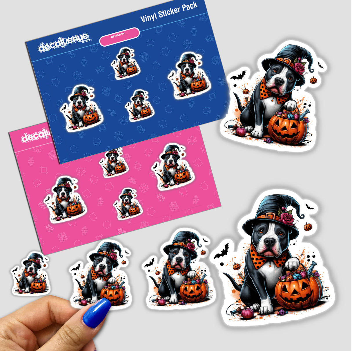 Cute Halloween Pitbull Dog sticker featuring a cartoon dog wearing a hat and bow tie, holding a pumpkin basket. Available as stickers or digital artwork from Decal Venue.