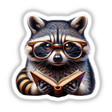 Raccoon With Reading Glasses Open Book: An illustrated raccoon wearing glasses, engrossed in reading an open book. Available as unique stickers or digital artwork from Decal Venue.