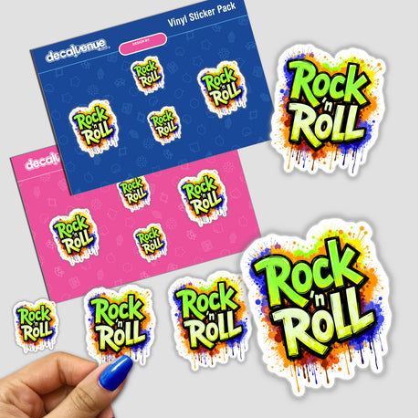 Rock 'n Roll Graffiti Art stickers featuring diverse, vibrant designs and logos. Available as a sticker pack or digital artwork, ideal for adding a unique touch to any surface.