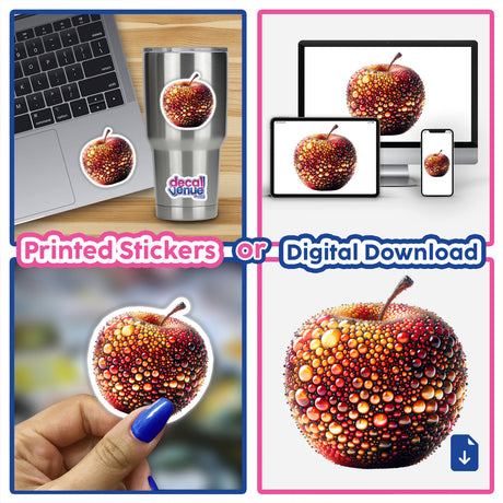 Collage featuring Colorful Marble Art Apple Design with detailed close-ups of the apple. Available as stickers or digital artwork from Decal Venue.