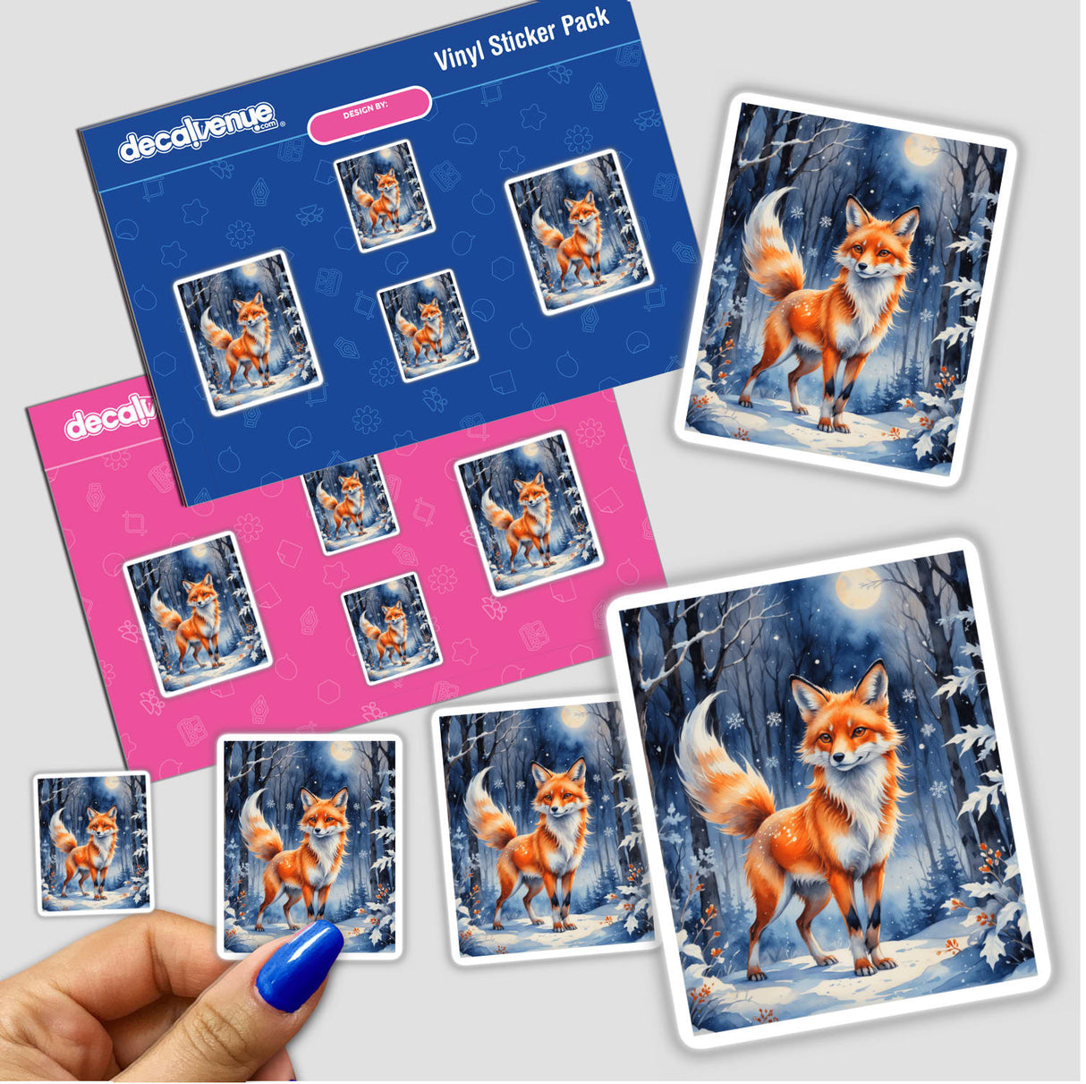 Red Fox In A Winter Forest sticker with illustrations of foxes in snowy scenes, available as vinyl stickers or digital art from Decal Venue.