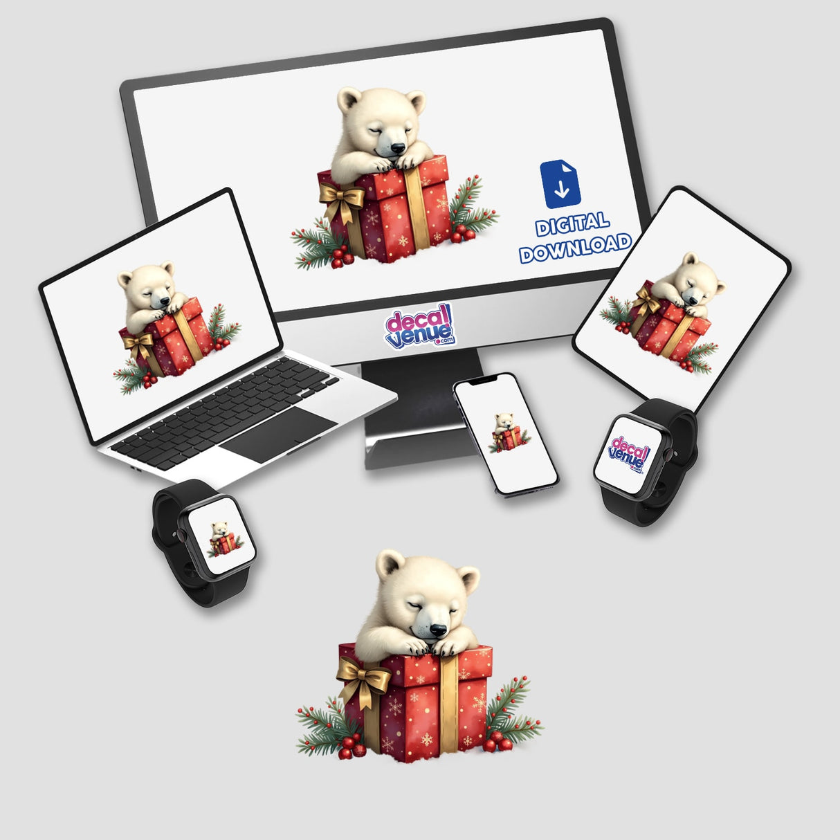 Polar Bear in Christmas Present Box depicted on a laptop, monitor, and smart watch. Available as unique stickers or digital artwork from Decal Venue, showcasing a charming holiday-themed design.