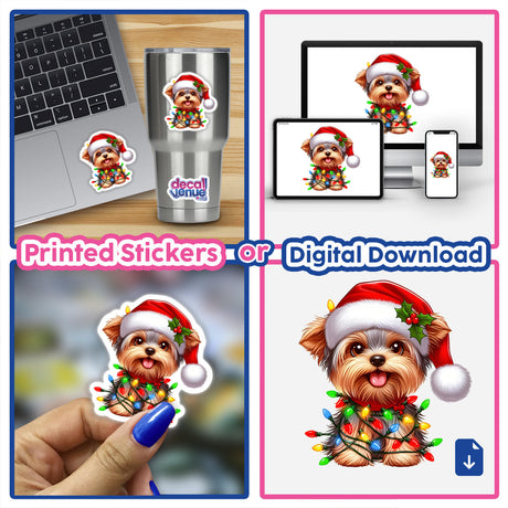 Christmas Yorkie Mistletoe and Tangled Lights sticker collage featuring a dog in a Santa hat wrapped in festive lights, displayed on various surfaces like a laptop and cup, highlighting its versatility.