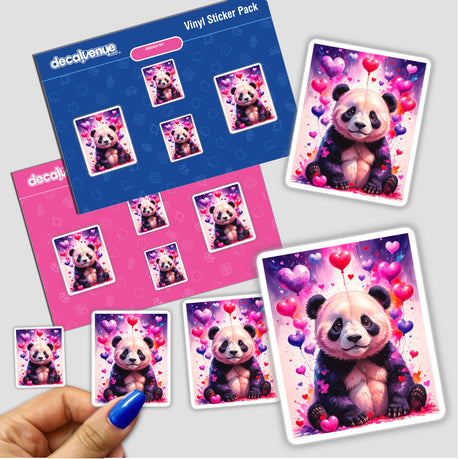 Cute panda bear with love hearts, featured as stickers or digital artwork from Decal Venue, showcasing a cartoon panda surrounded by hearts and balloons, embodying the store's unique vinyl sticker art.