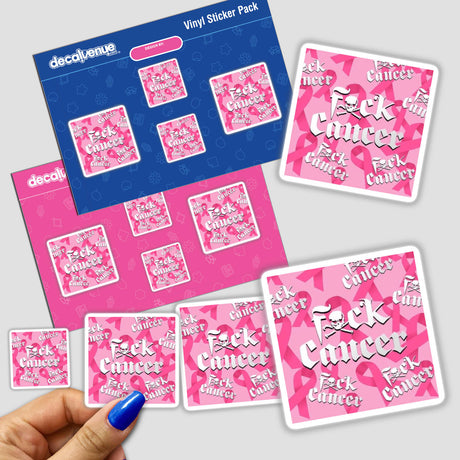 Hand holding Gold Breast Cancer Series 11 stickers, featuring pink and white designs, including a ribbon with white text and a skull motif.