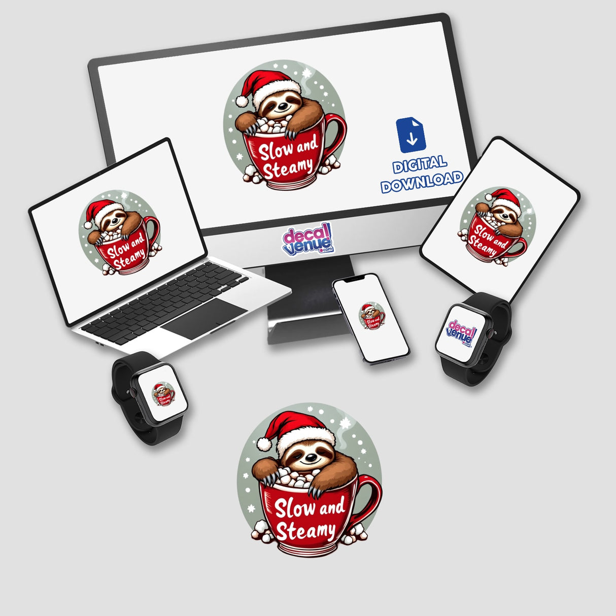 Sloth winter vibes illustration featuring a cartoon sloth in a red mug with marshmallows, displayed on a computer screen and laptop, available as stickers or digital artwork at Decal Venue.