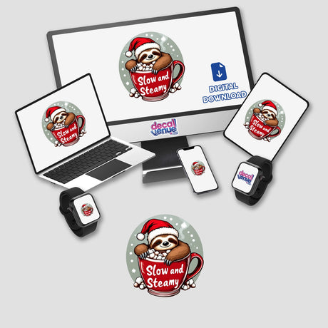 Sloth winter vibes illustration featuring a cartoon sloth in a red mug with marshmallows, displayed on a computer screen and laptop, available as stickers or digital artwork at Decal Venue.