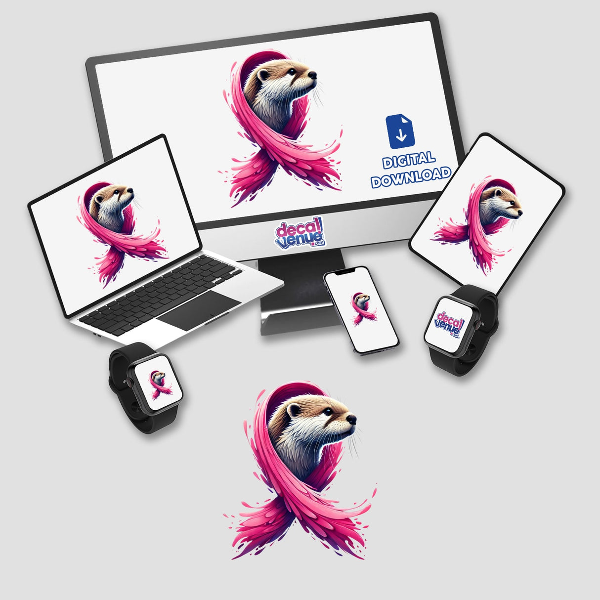 Otter Pink Ribbon Breast Cancer sticker or digital artwork featuring a cartoon otter with a pink ribbon on a computer monitor and laptop screen.