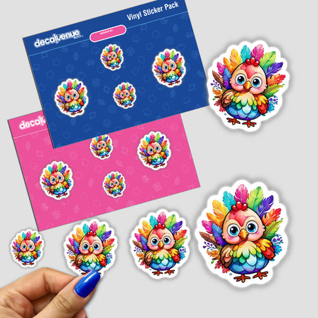 Thanksgiving Turkey Cutie: Kawaii Rainbow Floral Sticker featuring colorful cartoon birds, shown close-up with a hand holding one sticker.