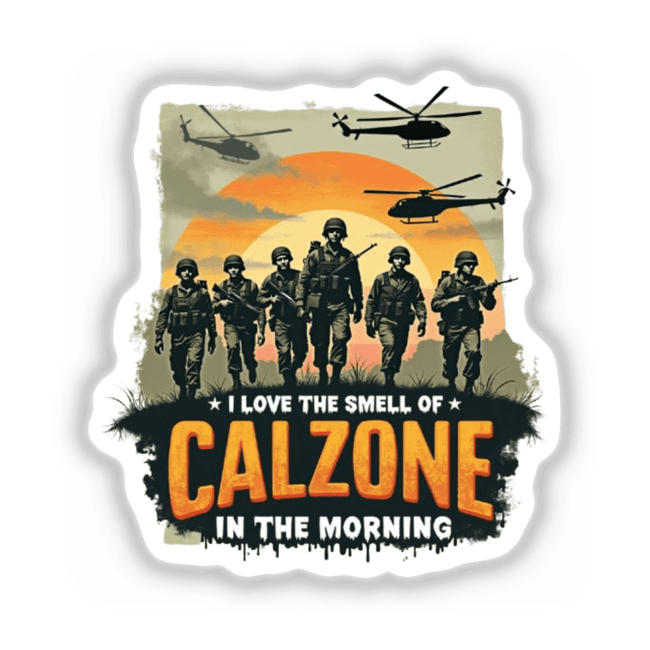 I Love the Smell of Calzone in the Morning sticker features soldiers and helicopters, parodying an iconic movie line for National Calzone Day. Perfect for fans of unique decals and digital art.