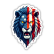 Cartoon illustration titled A Cool American Flag Lion, featuring a lion with white stars on a blue body. Available as stickers or digital artwork from Decal Venue.