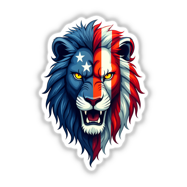 Cartoon illustration titled A Cool American Flag Lion, featuring a lion with white stars on a blue body. Available as stickers or digital artwork from Decal Venue.