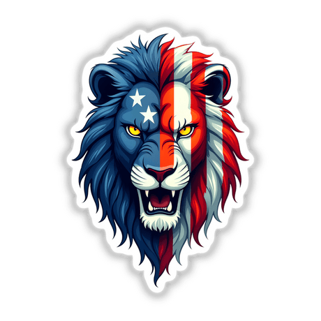 Cartoon illustration titled A Cool American Flag Lion, featuring a lion with white stars on a blue body. Available as stickers or digital artwork from Decal Venue.