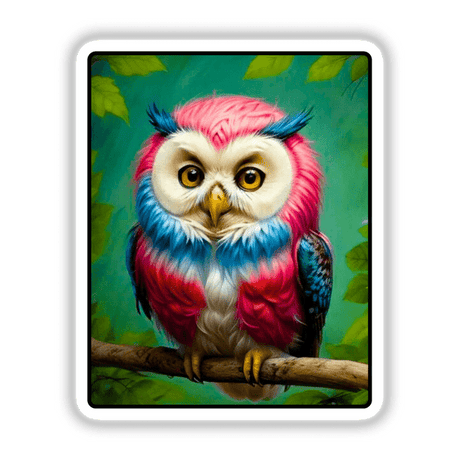 Pretty Little Owl of Colors depicted perched on a branch, showcasing vibrant artistry. Available as stickers or digital artwork, this piece captures a colorful owl with striking yellow eyes, ideal for unique decor.