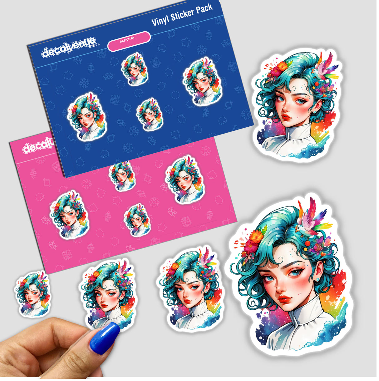 90’s Anime Splash Sticker featuring a vibrant pop art portrait of a woman with flowers and blue hair. Perfect for fans of unique, bold graphic designs.