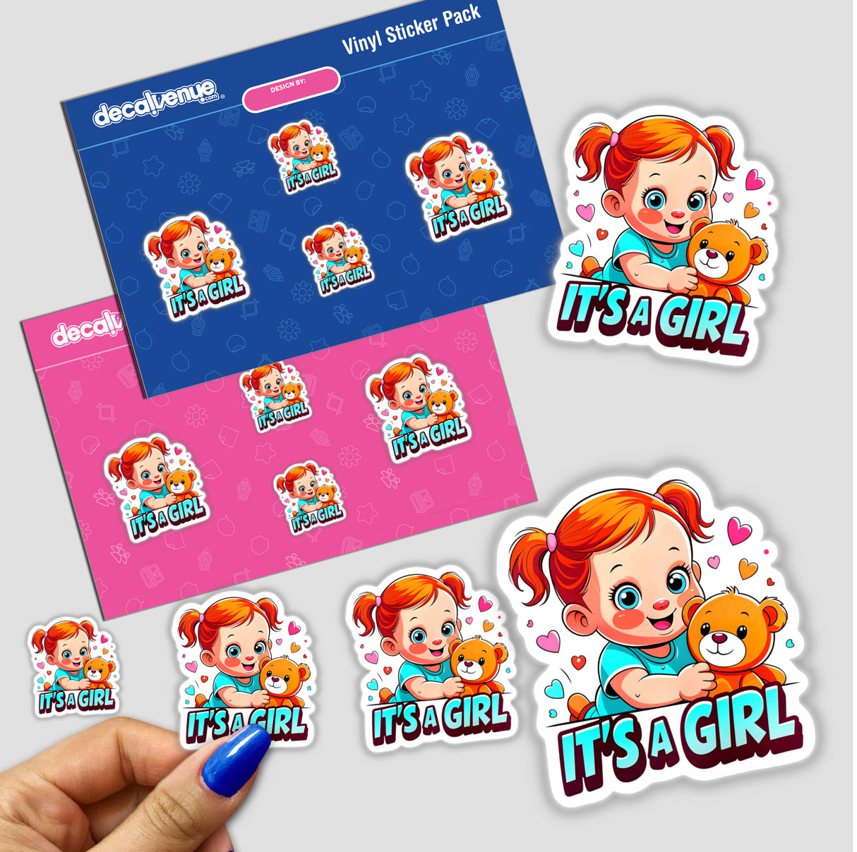 It's A Girl - Gender Reveal sticker pack featuring cartoon baby girl holding a teddy bear, ideal for vinyl sticker enthusiasts and digital art collectors from Decal Venue.