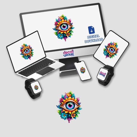 Floral Rainbow Third Eye: Sticker Design featuring a colorful eye surrounded by flowers, displayed on a computer monitor, laptop, and smartwatch. Available as stickers or digital artwork.