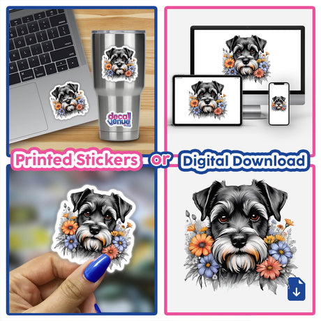 Stylish schnauzer dog portrait with vibrant floral accents in digital artwork format, perfect for stickers or downloads to showcase your unique style.