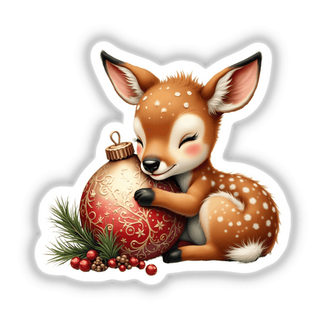 Baby Deer Sleeping on Christmas Ornament: A cartoon deer gently hugs a Christmas ornament, available as unique stickers or digital artwork from Decal Venue.