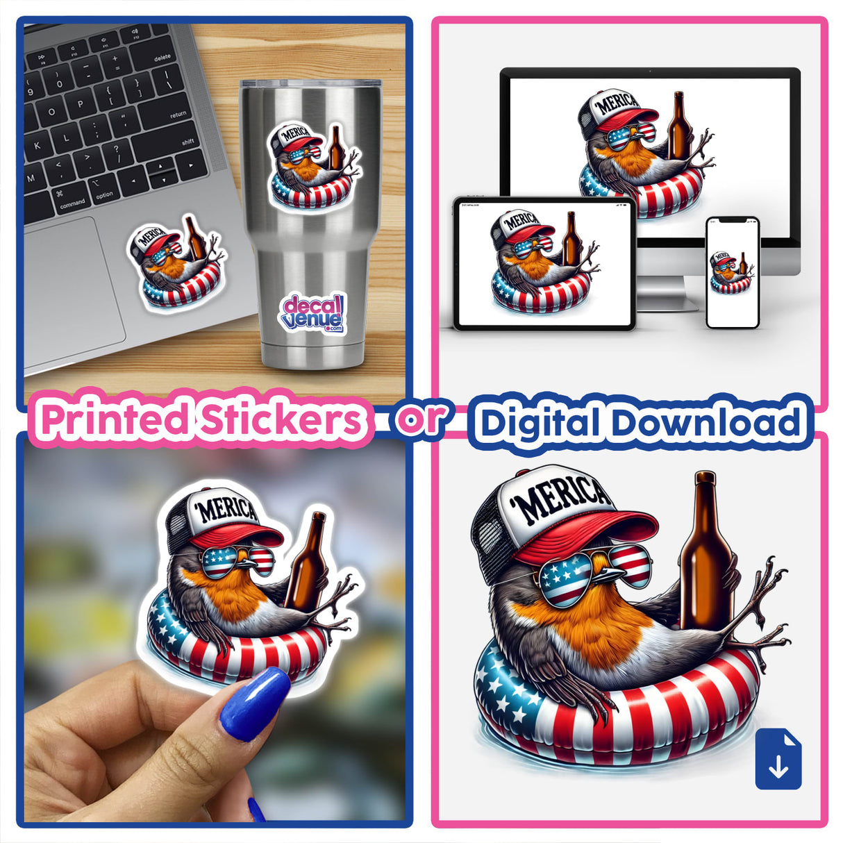 Patriotic robin bird digital artwork with American flag design, available as stickers or digital download on the Decal Venue store.