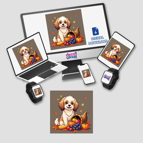 Thanksgiving Havanese Sticker & Clipart features a cartoon dog beside a cornucopia, displayed on various devices including a laptop and tablet. Available as stickers or digital artwork.