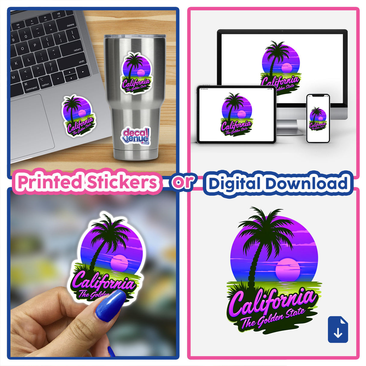 California The Golden State collage featuring a laptop with palm tree imagery, available as stickers or digital artwork, showcasing Decal Venue's unique design style.