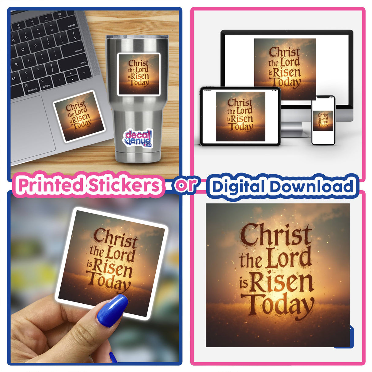 Collage featuring Christ the Lord is Risen Today sticker on a laptop and phone, showcasing its use as a Christian Easter decoration or digital artwork with commercial rights.