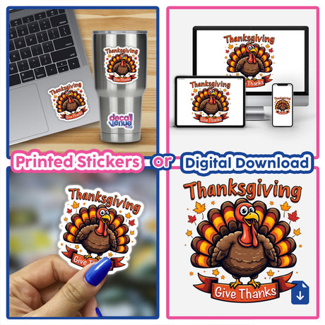 Thanksgiving Give Thanks Turkey Theme stickers or digital artwork featuring a cartoon turkey shown on a laptop, cell phone, and held in hand.