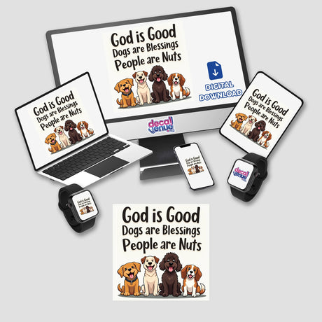 God is Good, Dogs are Blessings, People are Nuts sticker featuring diverse dog illustrations on a laptop screen, available as stickers or digital artwork with commercial rights.