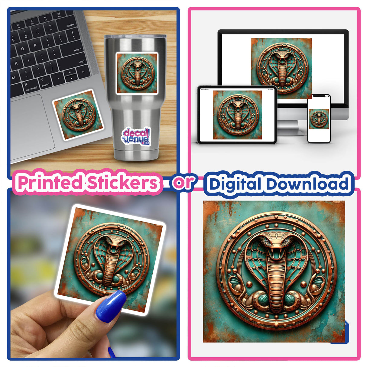 Detailed image of a decorative cobra snake medallion displayed in various product formats including laptop, mobile, and physical sticker. The medallion features intricate metallic designs in shades of teal and gold. This digital artwork or printed sticker is a visually striking product offered by the Decal Venue online store.